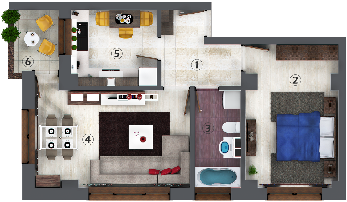 Apartamente cu 2 camere tip A - model 3d