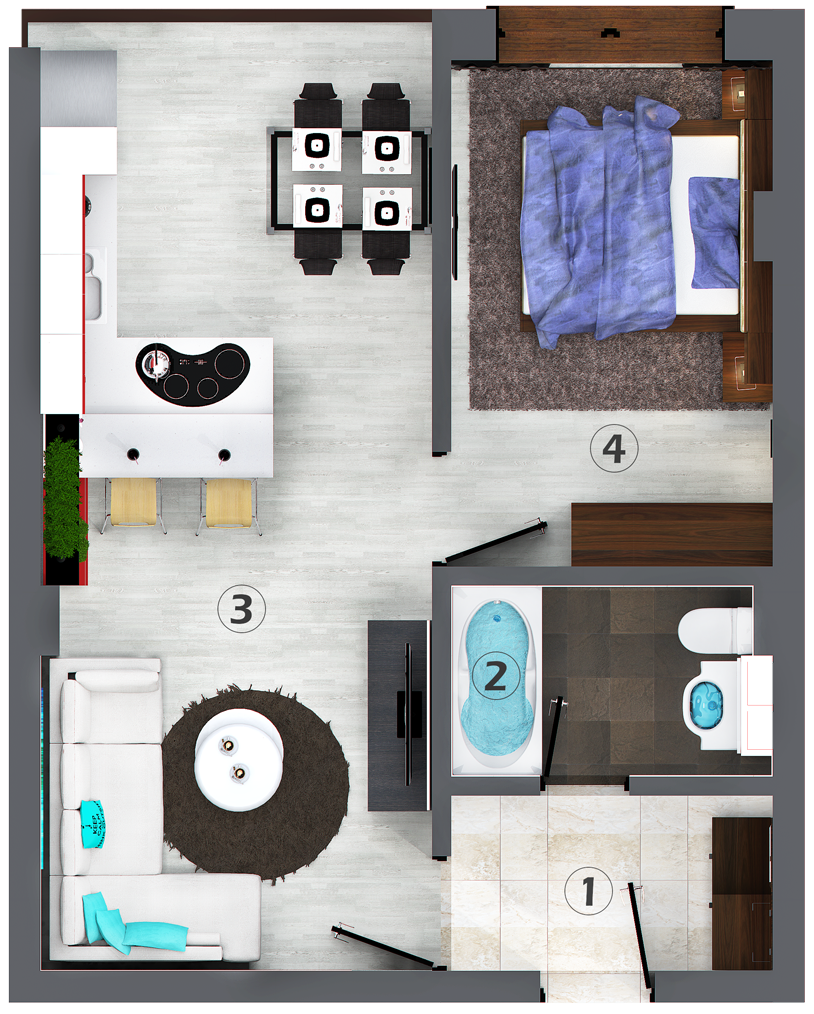 Apartamente cu 2 camere tip C - model 3d